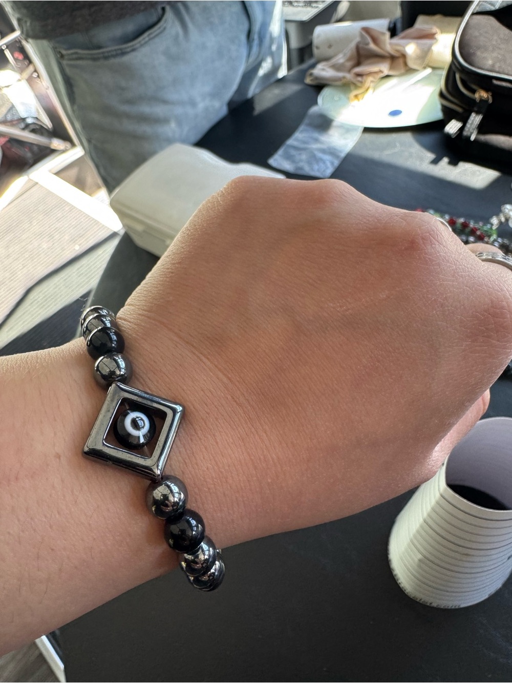 Black Hematite Bead Bracelet with Square Evil Eye Accent